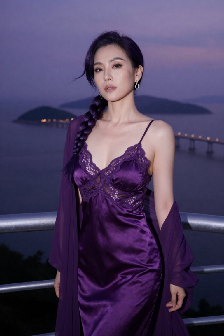 ChainTWLinks studio portrait - muse in a deep-violet silk lace teddy on a suspension bridge deck at dusk